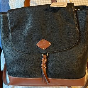 St John’s Bay Faux Leather Backpack purse. Rich black with brown outline.